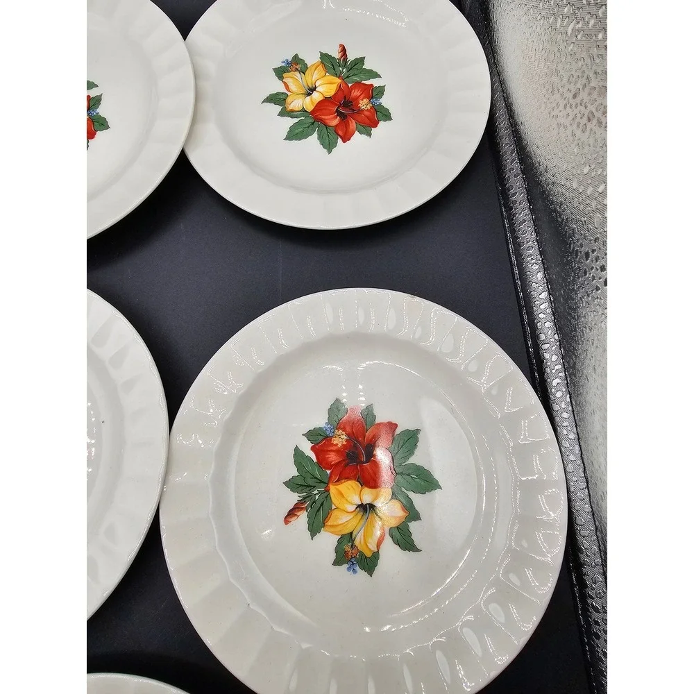 Vintage Cronin China Hibiscus Dessert Plates Set of 8 Red Yellow Floral 6.25in